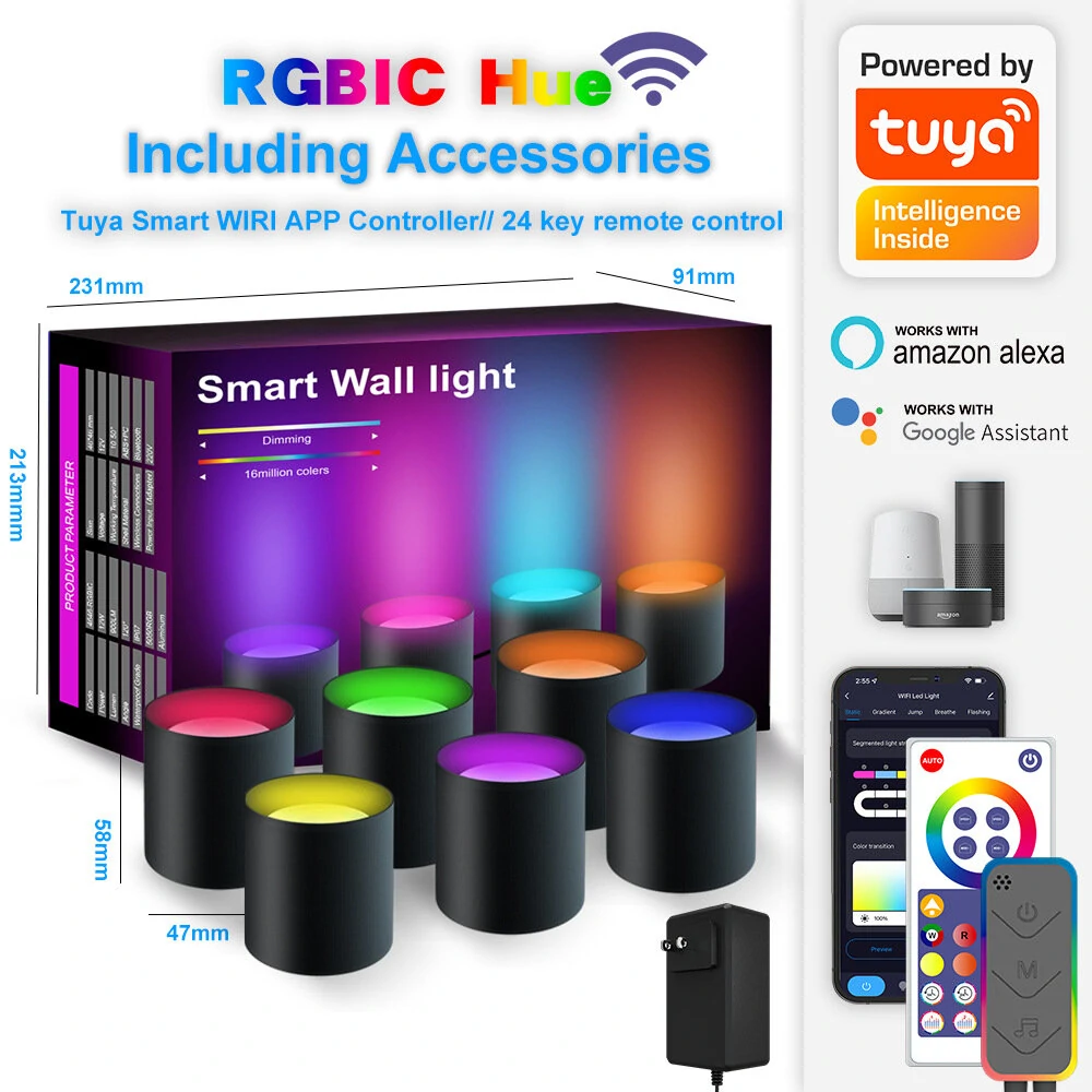 (image for) 4/6 Pack TUYA WIFI Smart Wall Lamp RGB Music Sync LED Modern Decor Downlight Simple Wall Light Work With Alexa Google Assistant