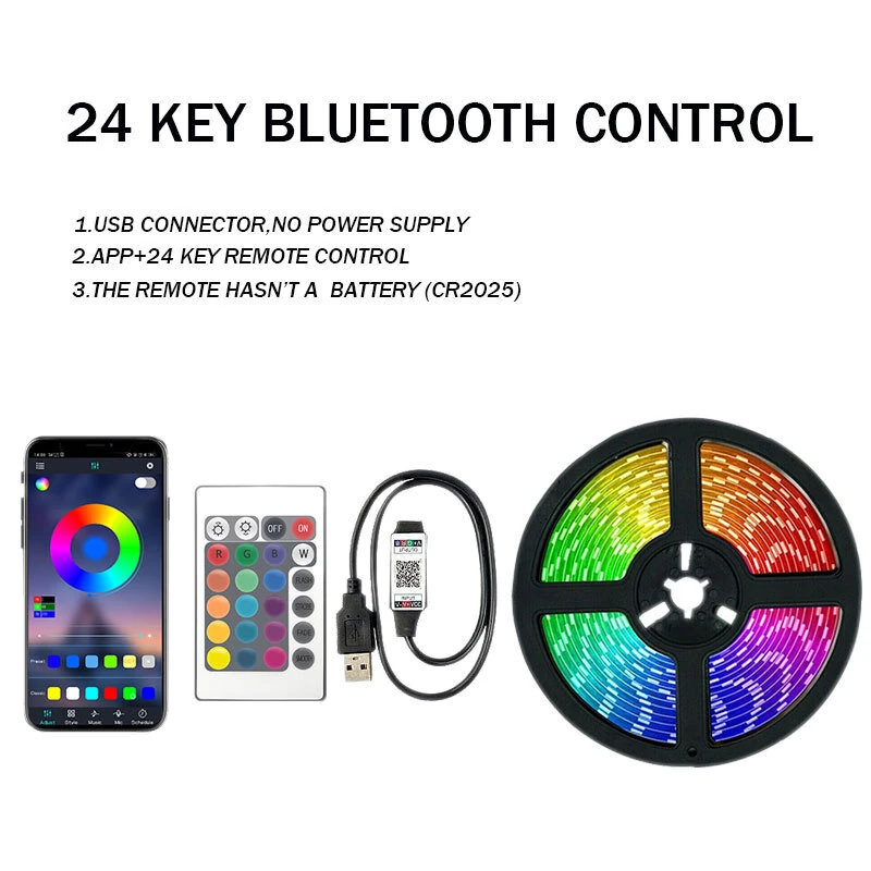 (image for) RGB LED Strip Kit 5050 Bluetooth Remote Control 5V 30 LEDs/m Adhesive Flexible Cuttable Strip Lights IP20 for Home Decor 1m 2m 5m 10m